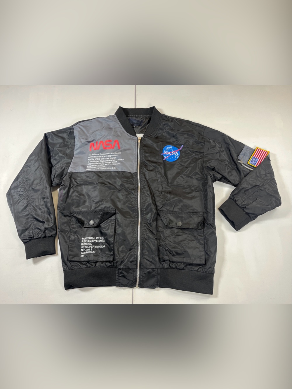 Asstseries NASA Logo Bomber Jacket Windbreaker USA Flag Patch Black Size L